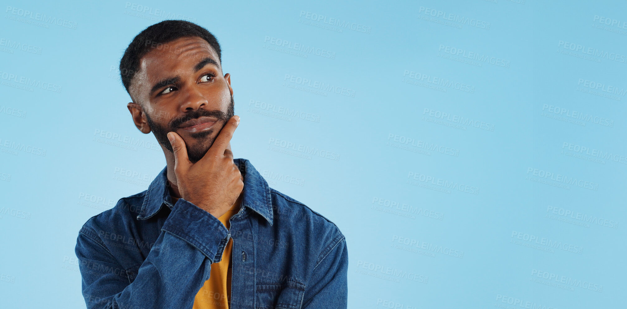 Buy stock photo Man, thinking and planning idea with choice and decision in studio on blue background and questions. Brainstorming, person and problem solving ideas or why with solution and remember on mock up space