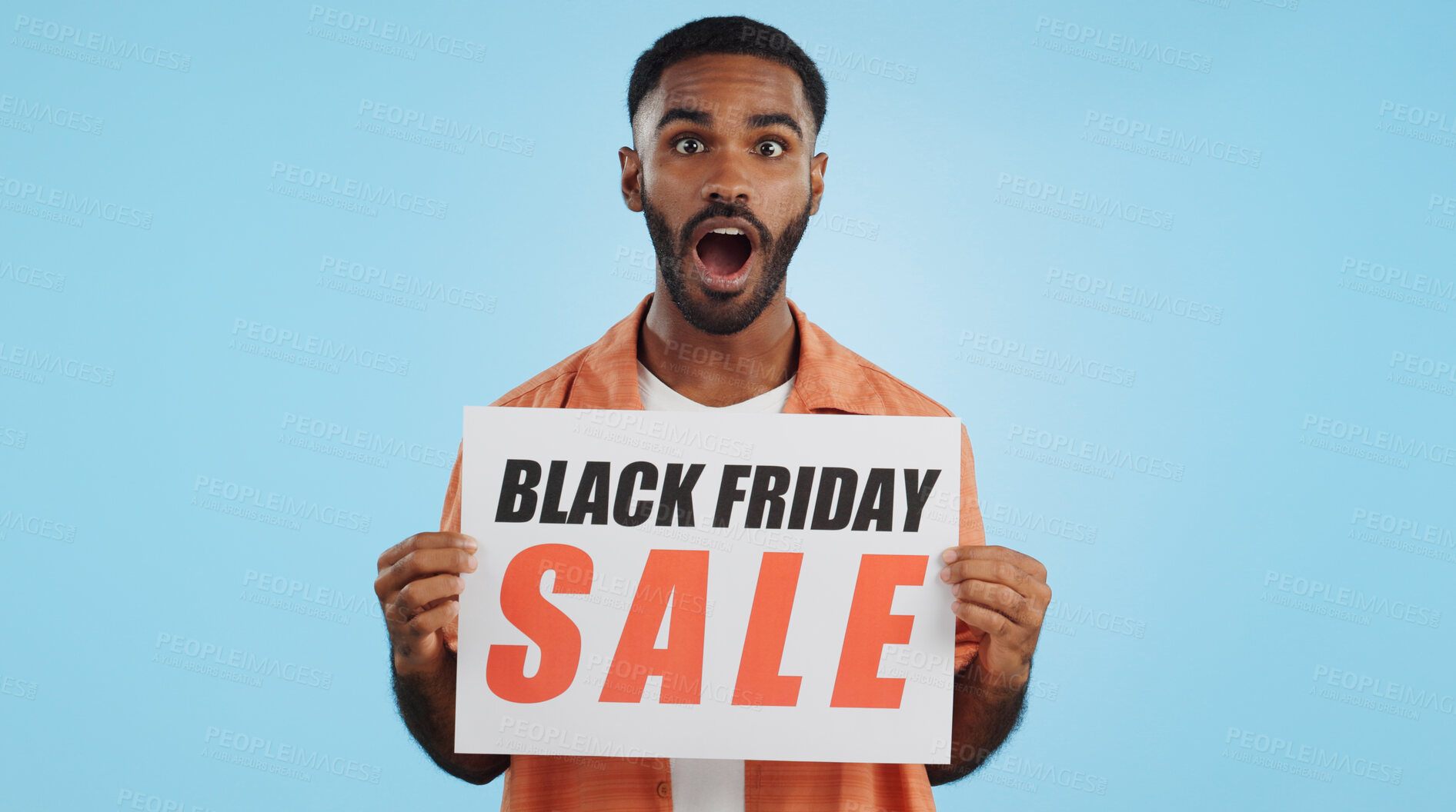 Buy stock photo Black Friday sales poster, happy man or surprise ads commercial, discount promo banner or studio sign. Billboard, info or portrait person presentation, announcement or notification on blue background