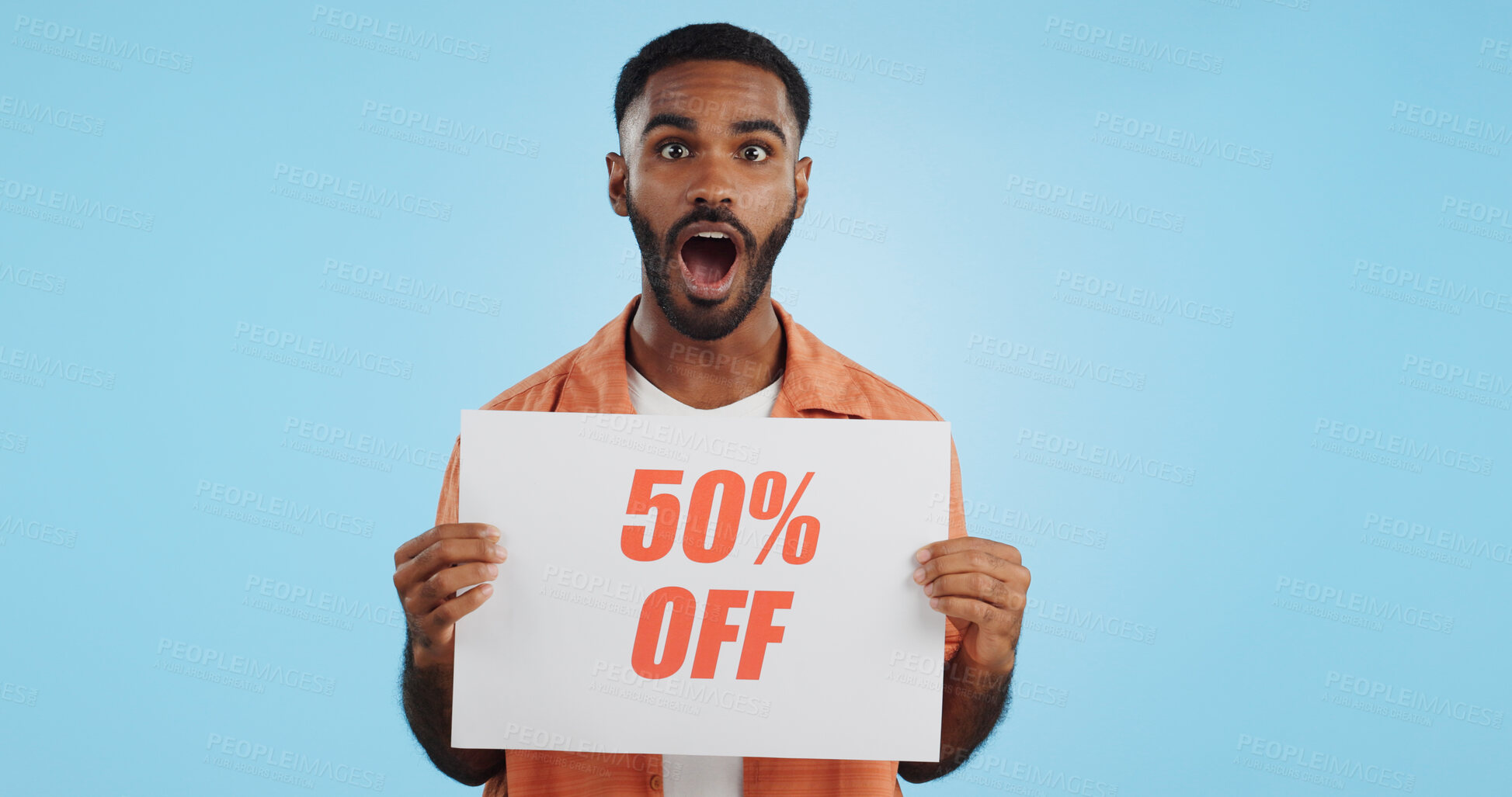 Buy stock photo Sales poster, happy man or surprise discount offer, studio promo banner and advertising brand, info or service. Billboard savings sign, wow commerce announcement or portrait person on blue background