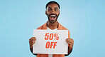 Sales poster, happy man or surprise discount offer, studio promo banner and advertising brand, info or service. Billboard savings sign, wow commerce announcement or portrait person on blue background