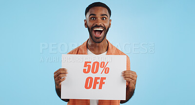 Buy stock photo Sales poster, happy man or surprise discount offer, studio promo banner and advertising brand, info or service. Billboard savings sign, wow commerce announcement or portrait person on blue background