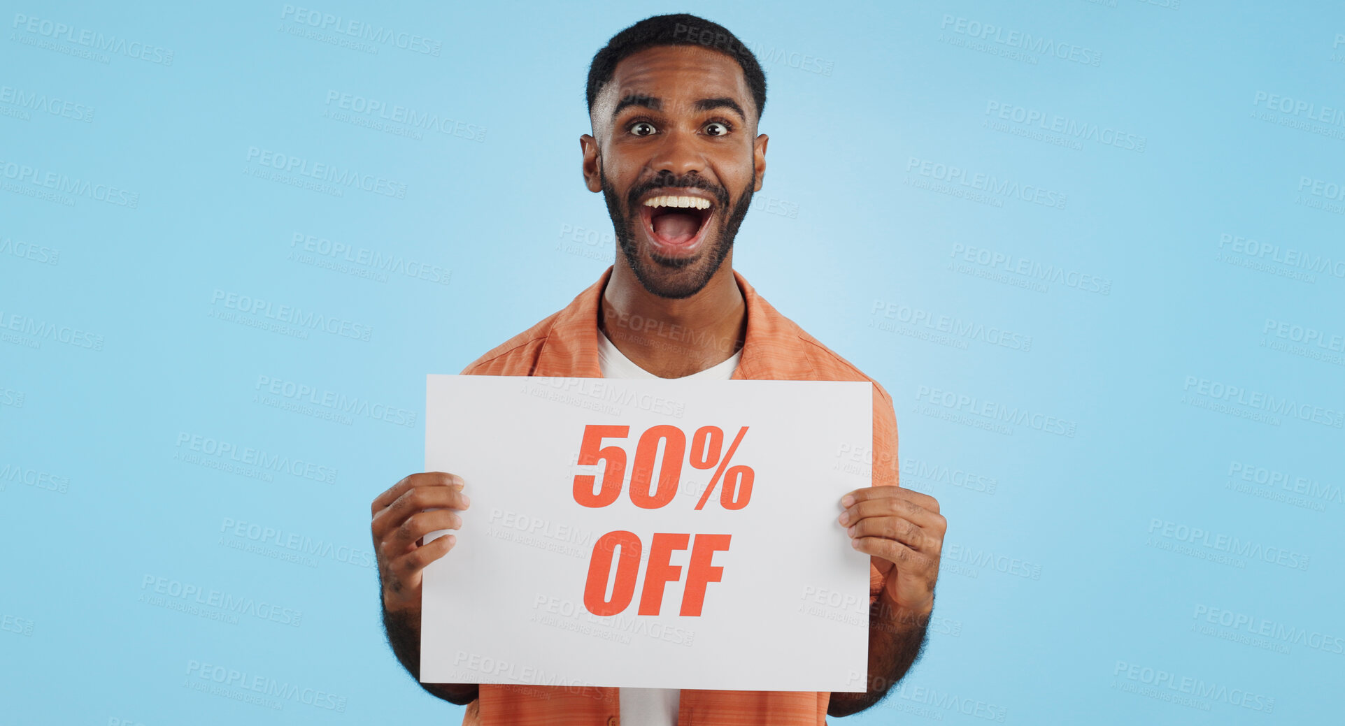 Buy stock photo Sales poster, happy man or surprise discount offer, studio promo banner and advertising brand, info or service. Billboard savings sign, wow commerce announcement or portrait person on blue background