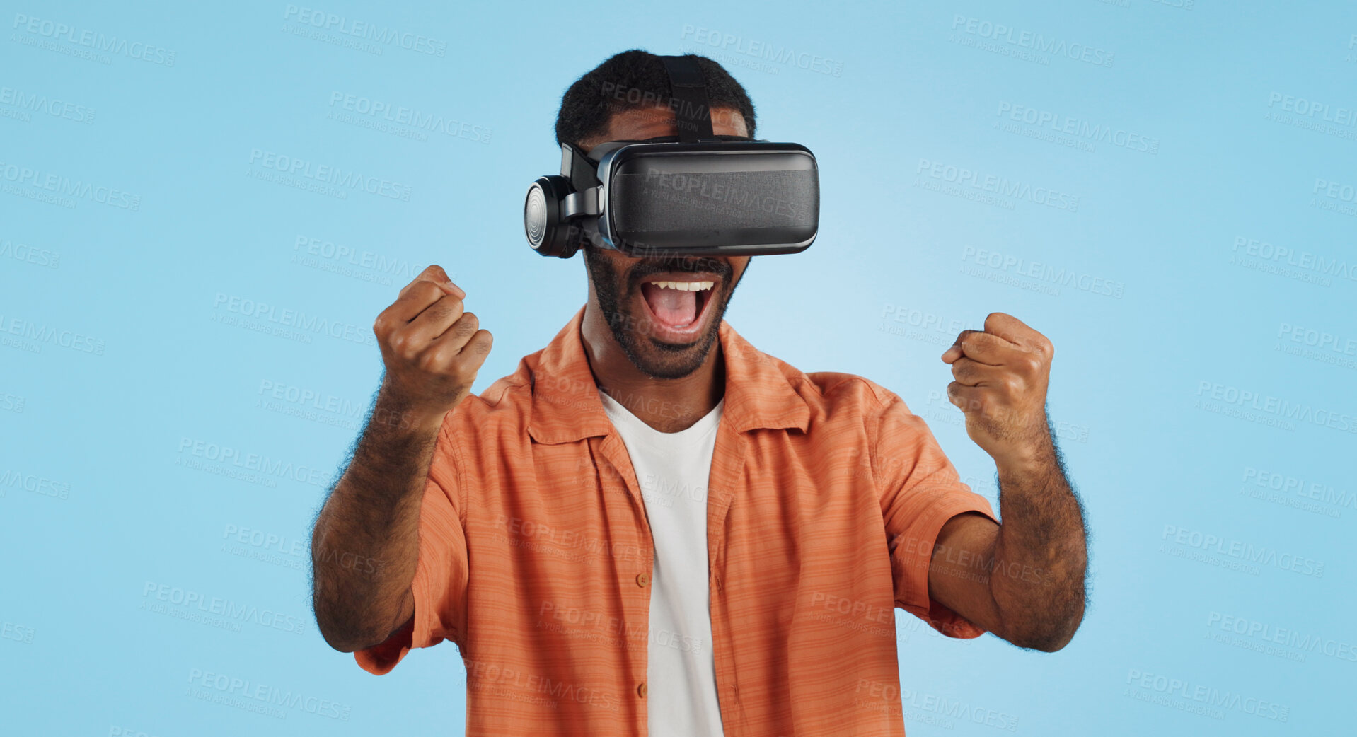 Buy stock photo Gamer man, virtual reality and glasses in studio with hand, click and swipe in metaverse by blue background. Person, AR vision and futuristic 3D user experience with grab, cyber ui and digital world