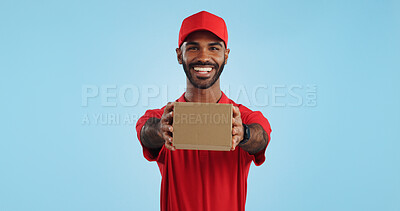 Black man in portrait with delivery, box and ecommerce, distribution with supplier and service on blue background. Giving package, supply chain and logistics worker for shipping and courier in studio