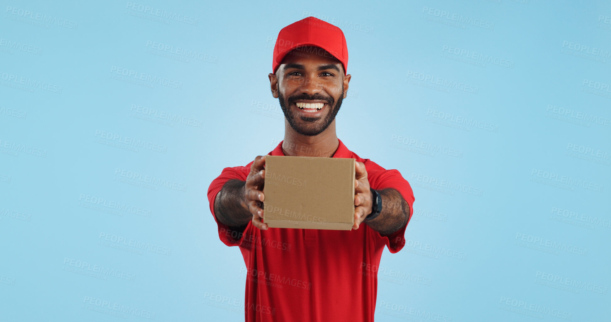 Buy stock photo Black man in portrait with delivery, box and ecommerce, distribution with supplier and service on blue background. Giving package, supply chain and logistics worker for shipping and courier in studio