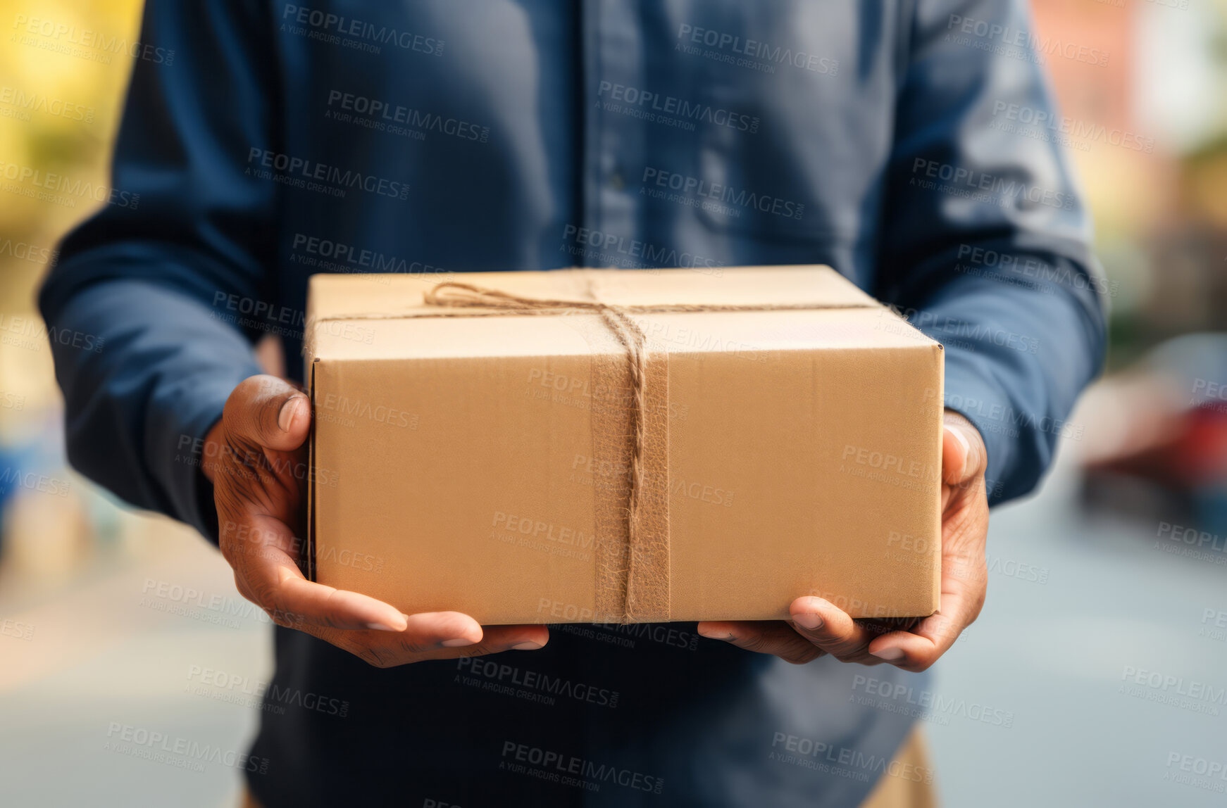 Buy stock photo Delivery man holding packages standing in street. Delivery concept.