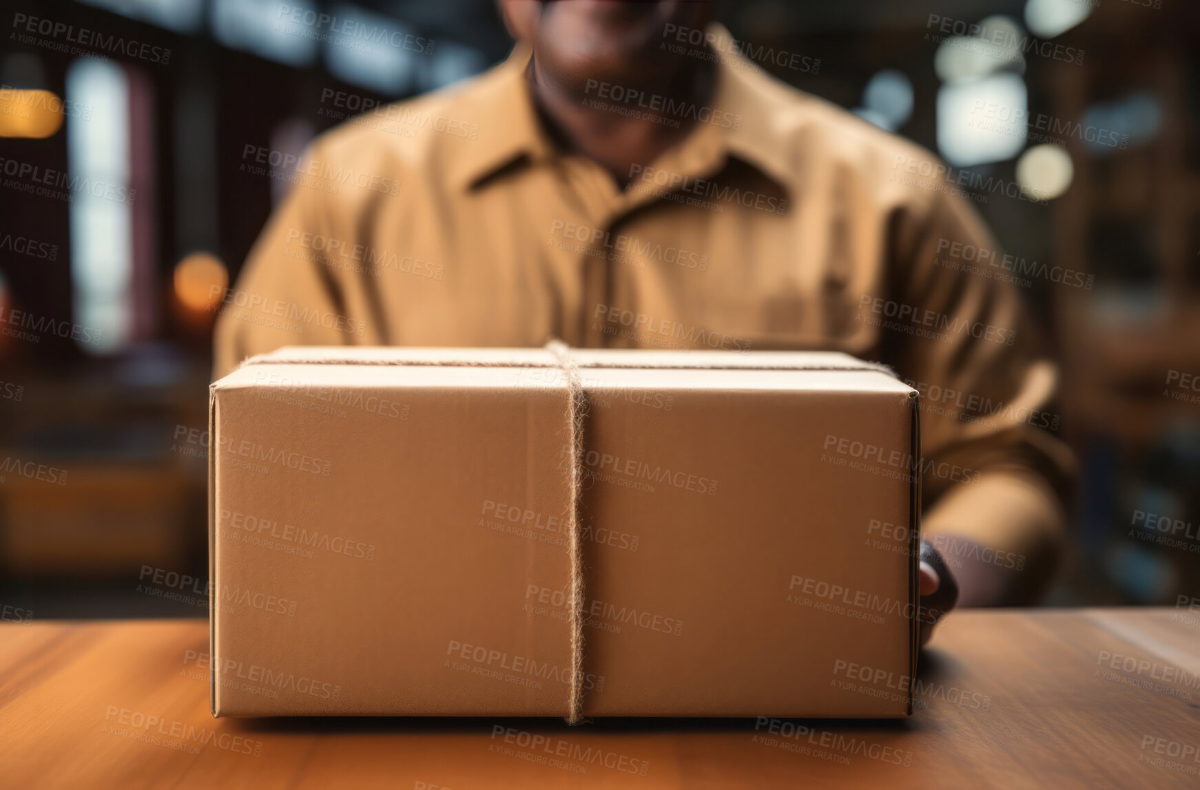 Buy stock photo Delivery man put parcel on table. Delivery concept.