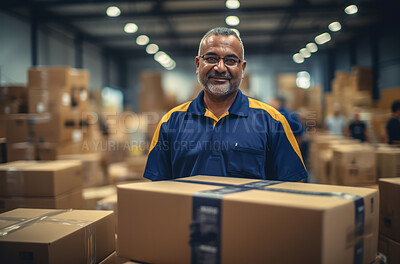 Happy worker in delivery warehouse surrounded by boxes. Delivery concept.