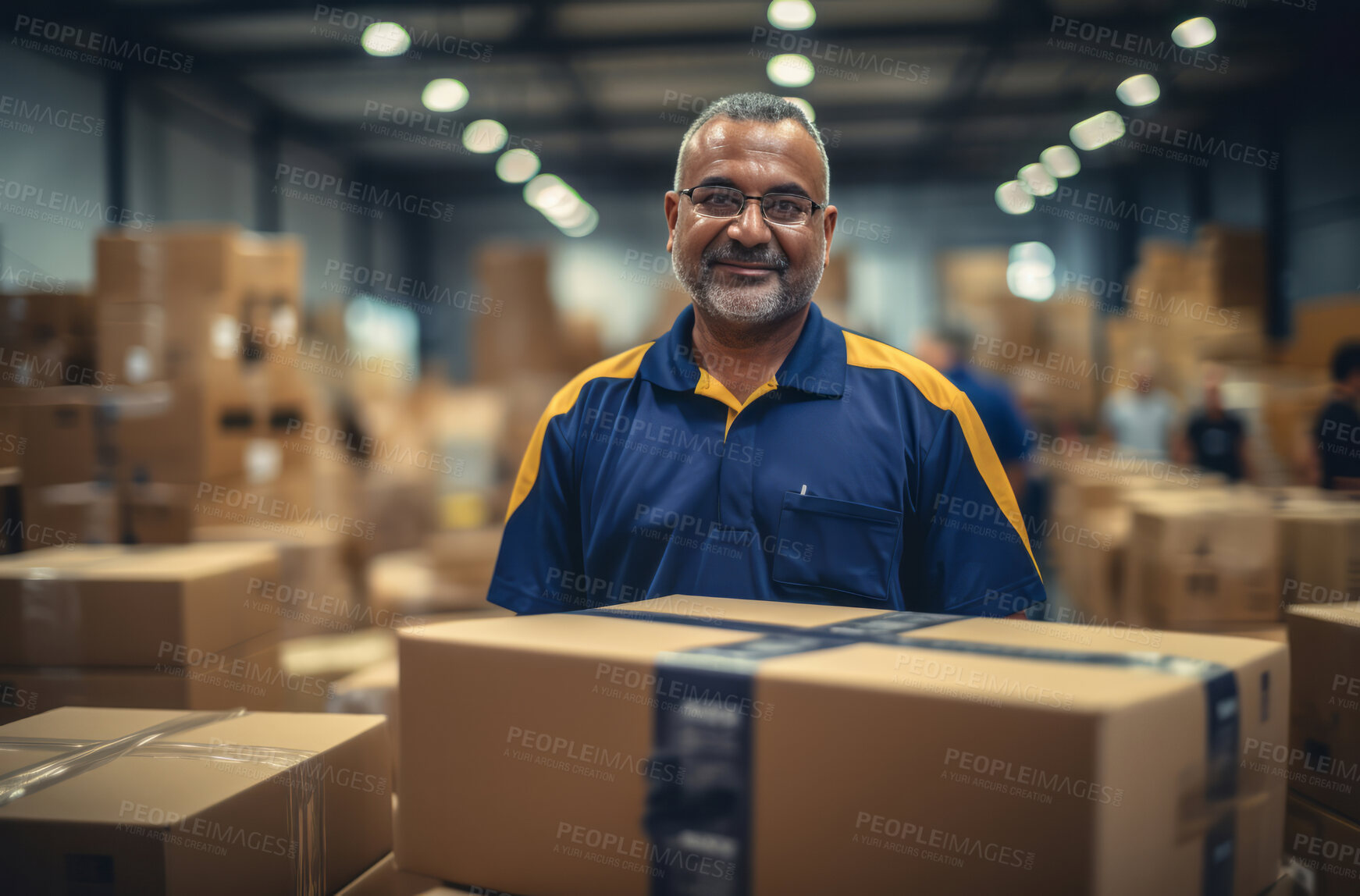 Buy stock photo Happy worker in delivery warehouse surrounded by boxes. Delivery concept.