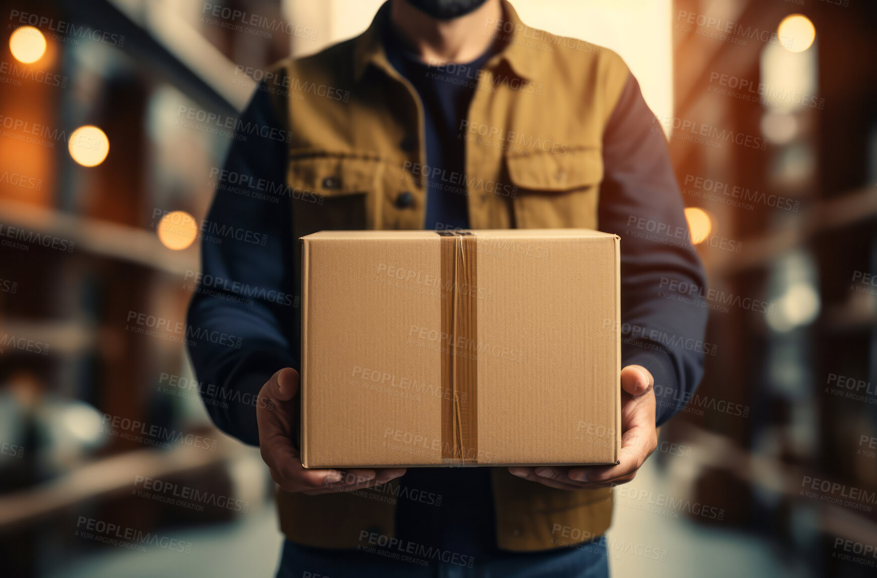 Buy stock photo Delivery man holding packages standing in street. Delivery concept.