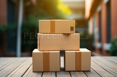 Parcels piled in on outside table. Delivery concept.