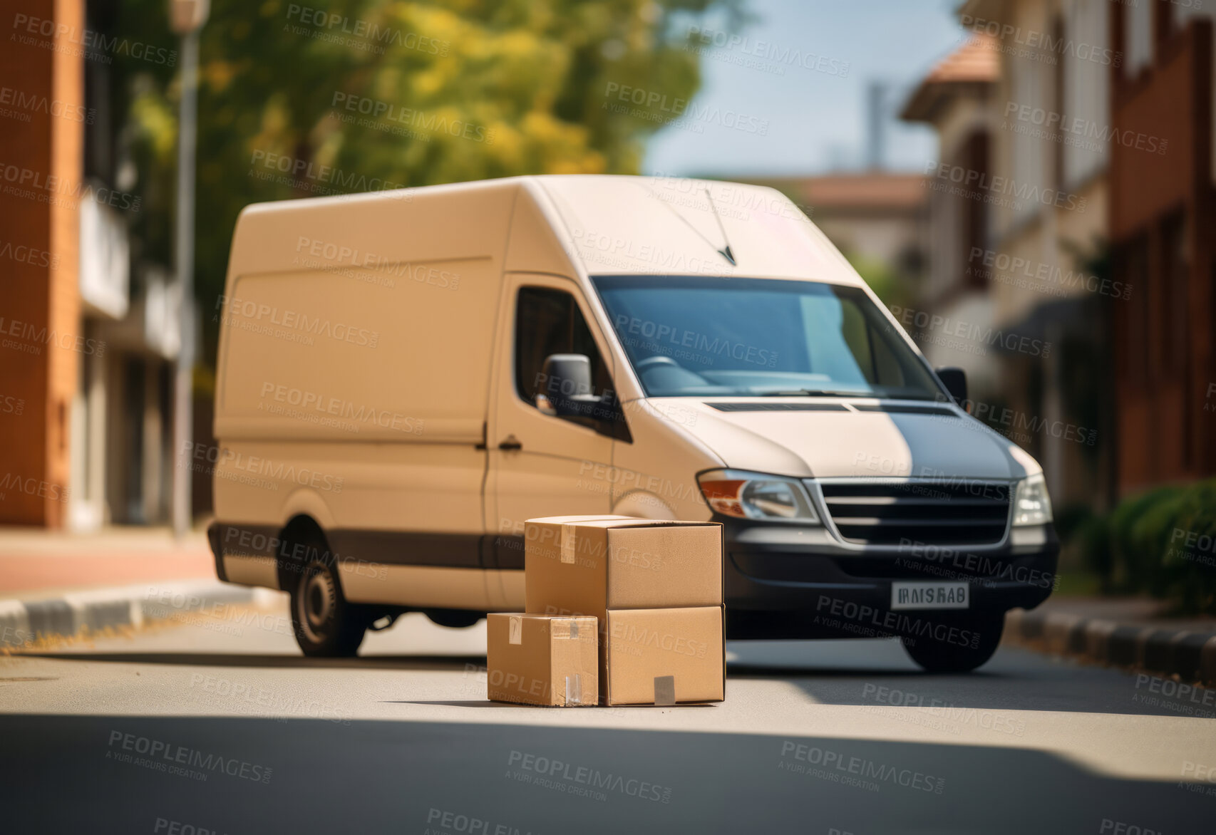 Buy stock photo Courier van parked in middle of town street. Boxes in front of vehicle. Delivery concept.