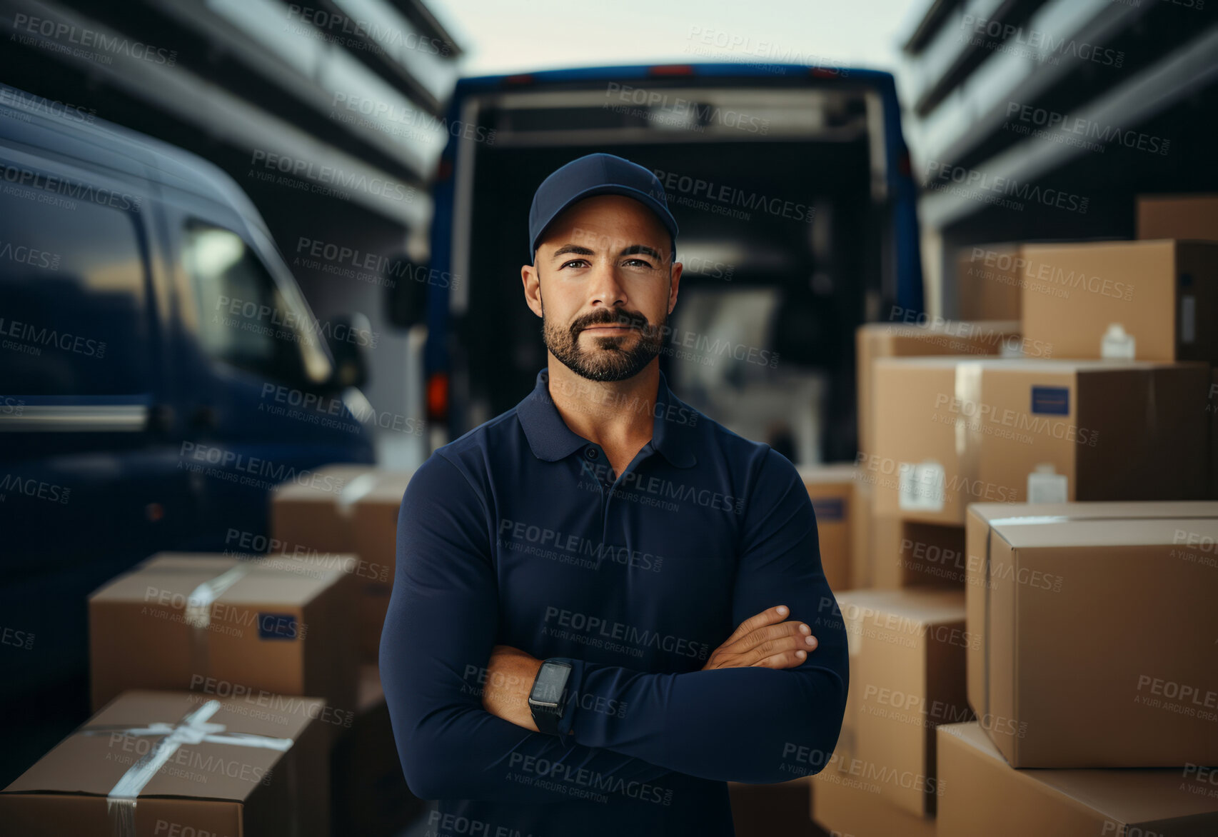 Buy stock photo Uniformed delivery man or courier warehouse. Boxes stacked on floor.