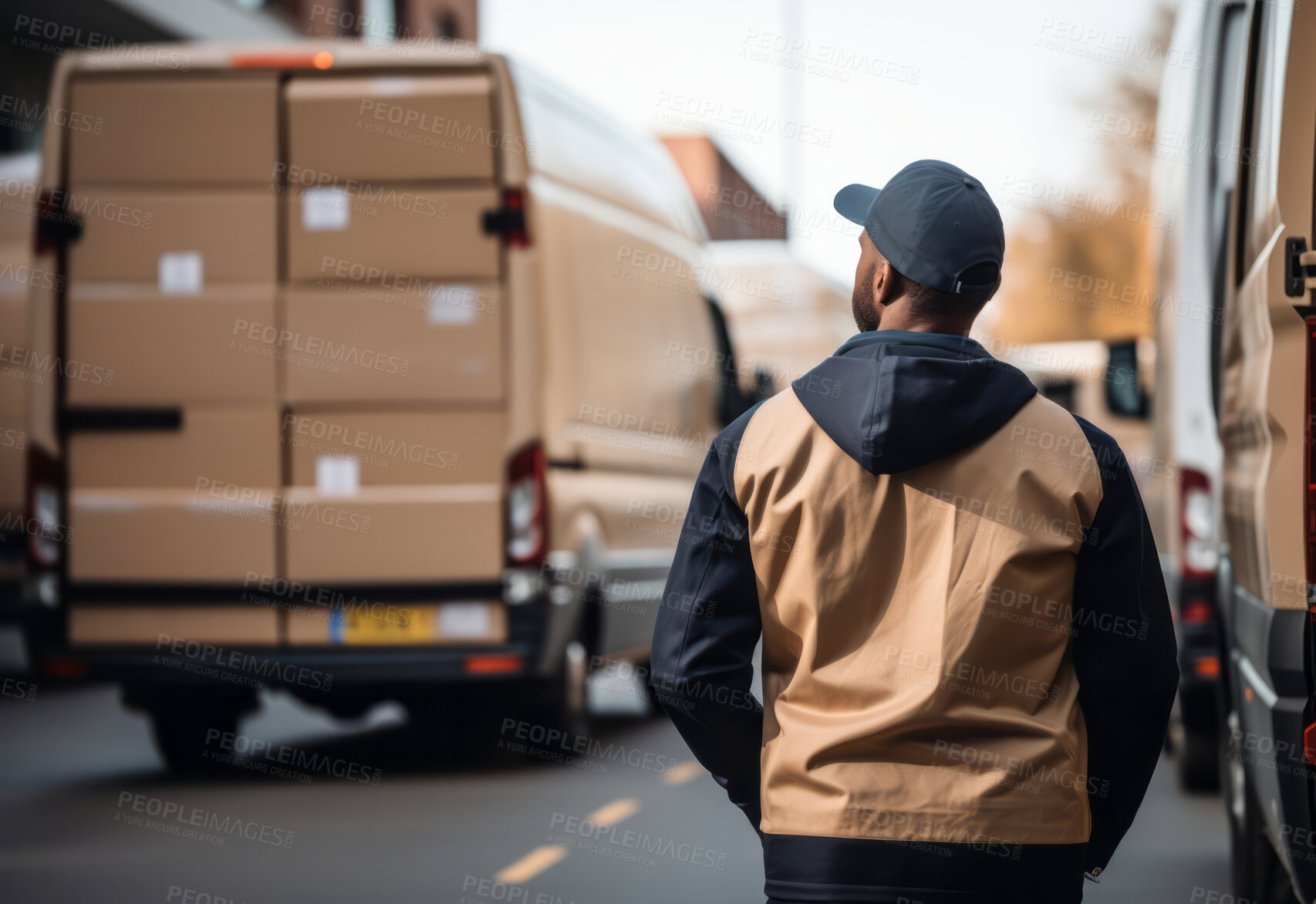Buy stock photo Courier man looking at fully stacked vehicle. Delivery concept.