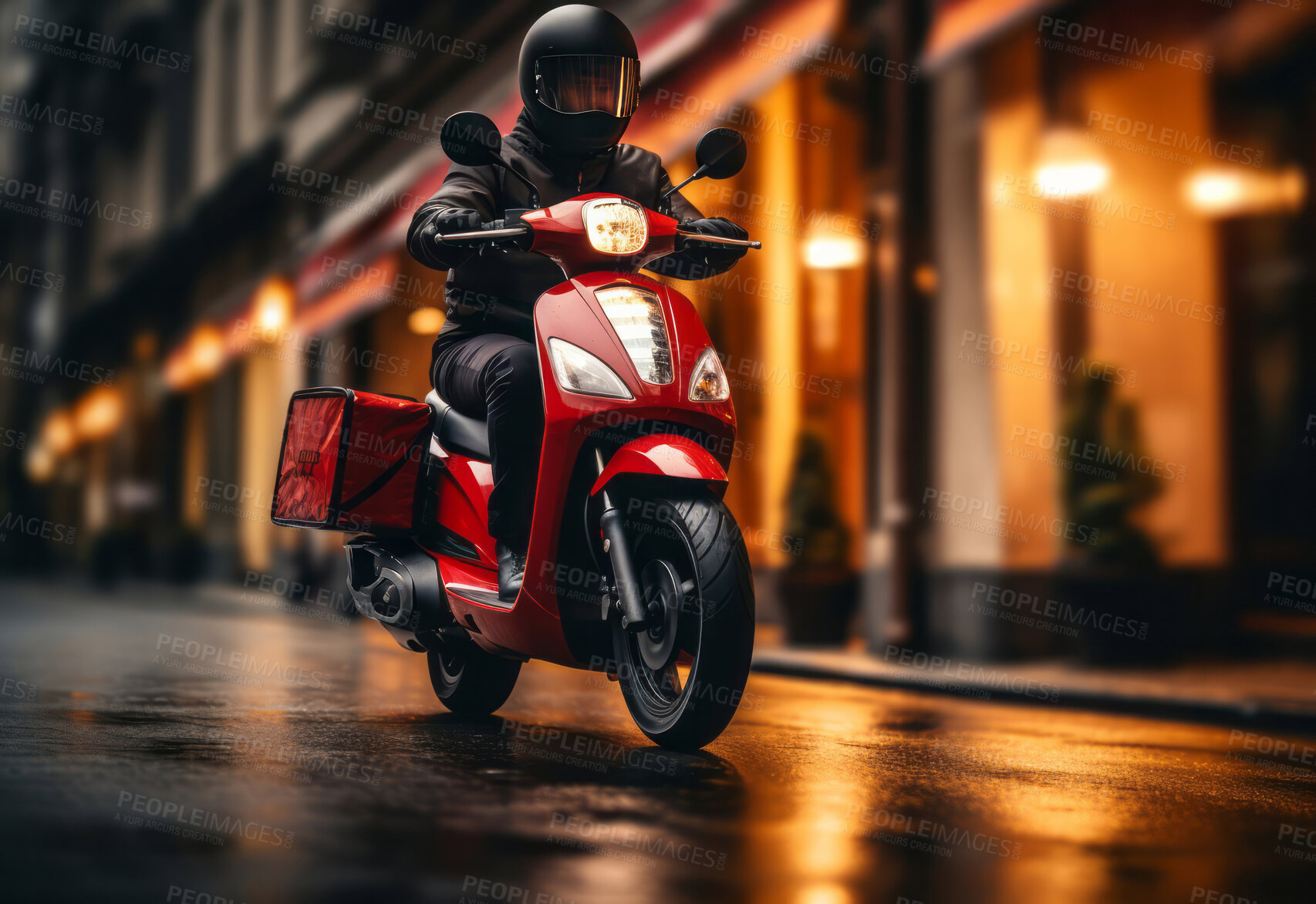 Buy stock photo Red delivery Scooter riding  down city street. Night time delivery. Delivery concept.