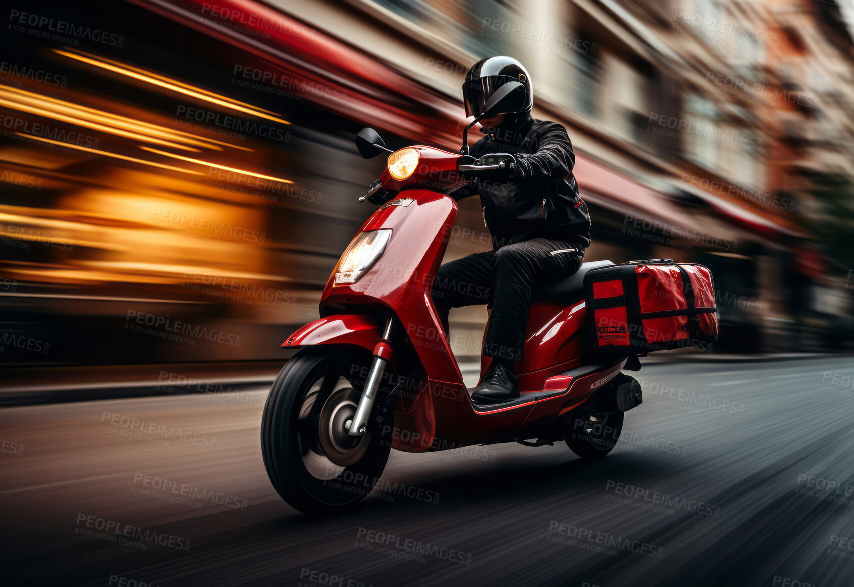 Buy stock photo Red delivery Scooter racing  down city street. Motion blur. Delivery concept.