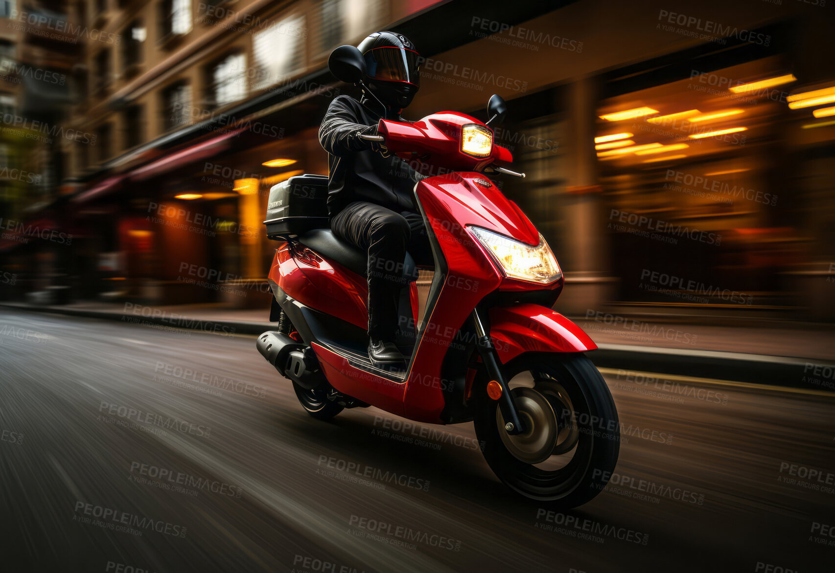 Buy stock photo Red delivery Scooter racing  down city street. Motion blur. Delivery concept.