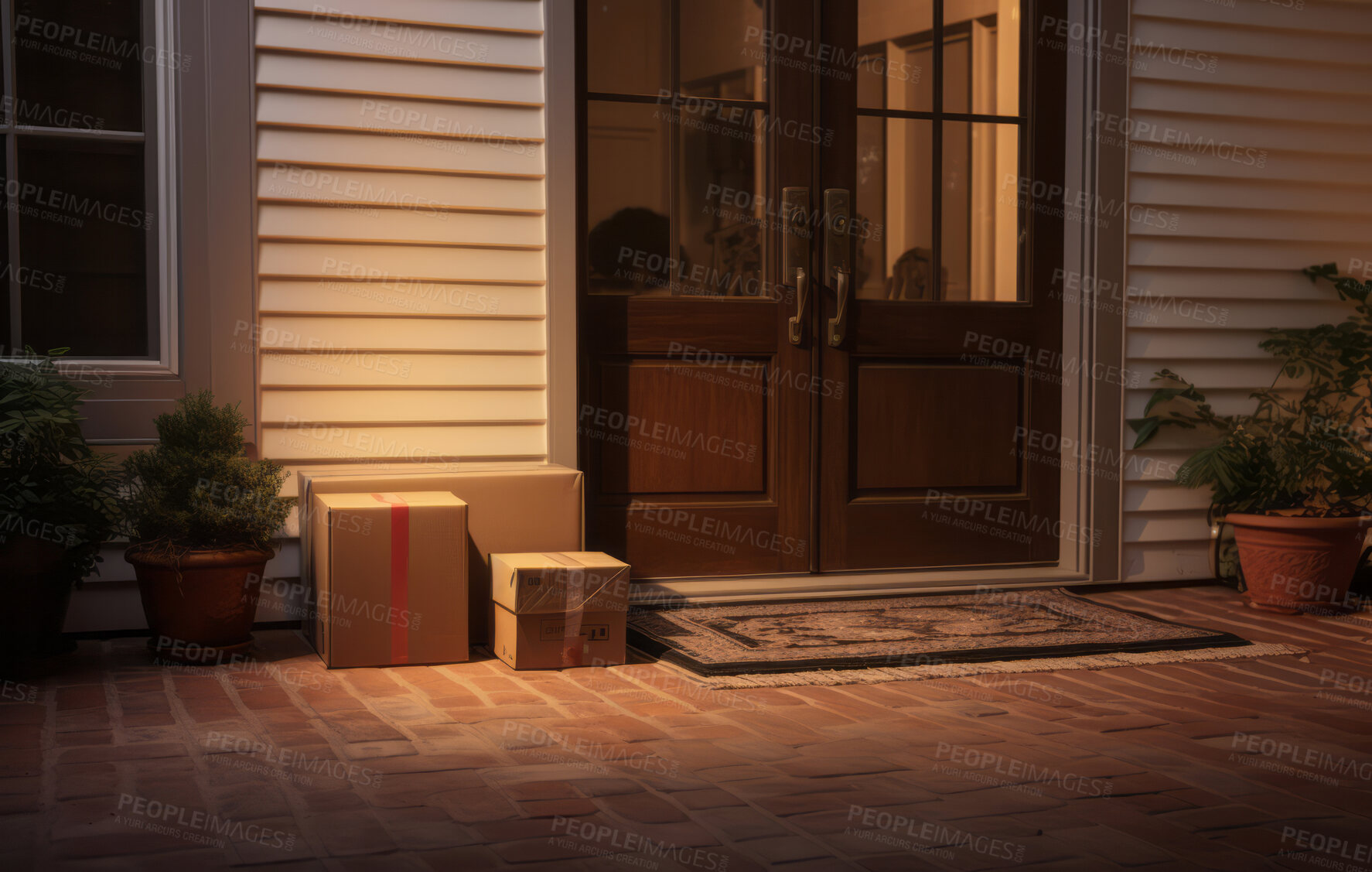 Buy stock photo Delivered parcel on doorstep at night. Delivery concept.