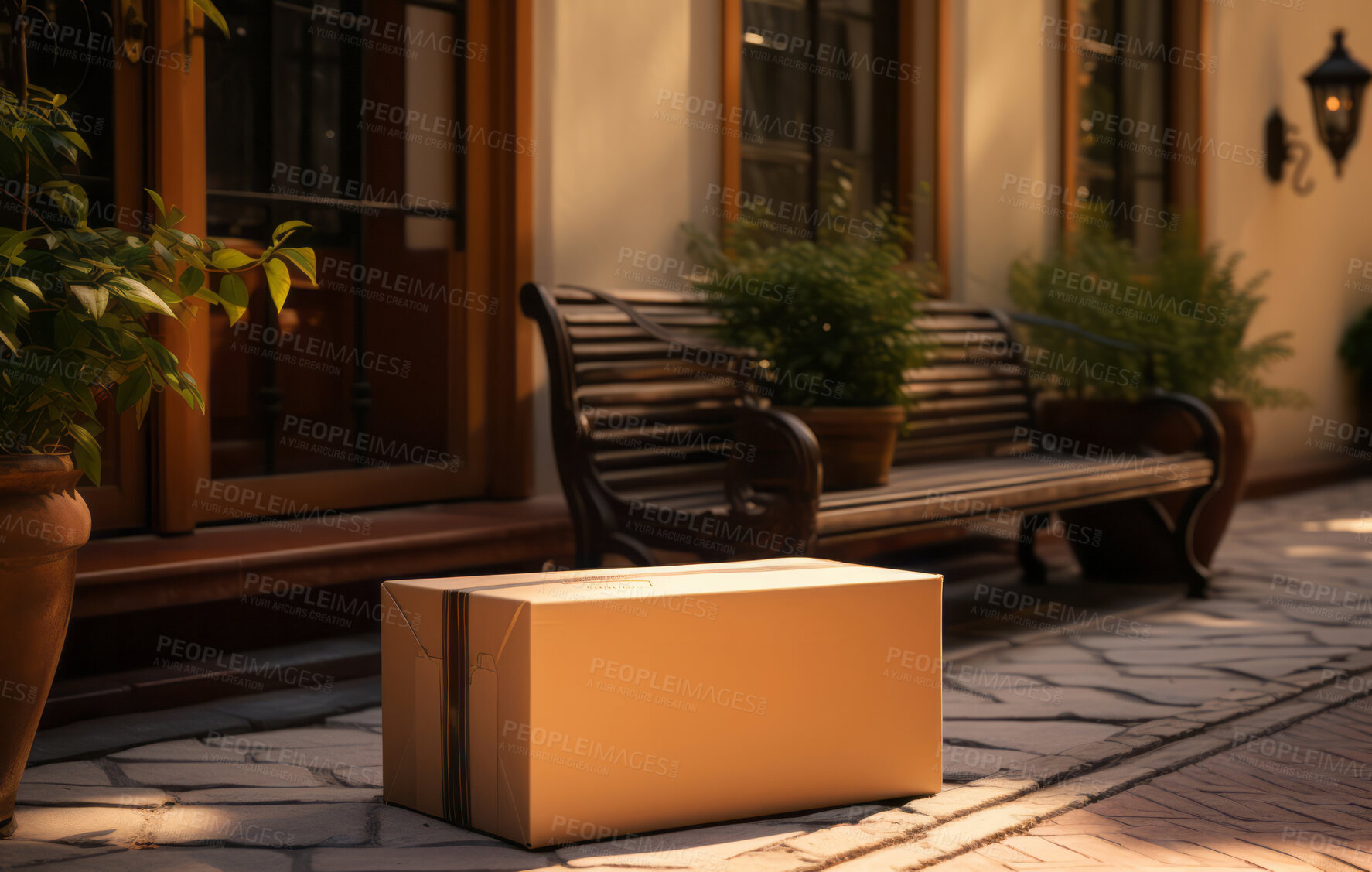 Buy stock photo Delivered parcel on doorstep. Delivery concept.