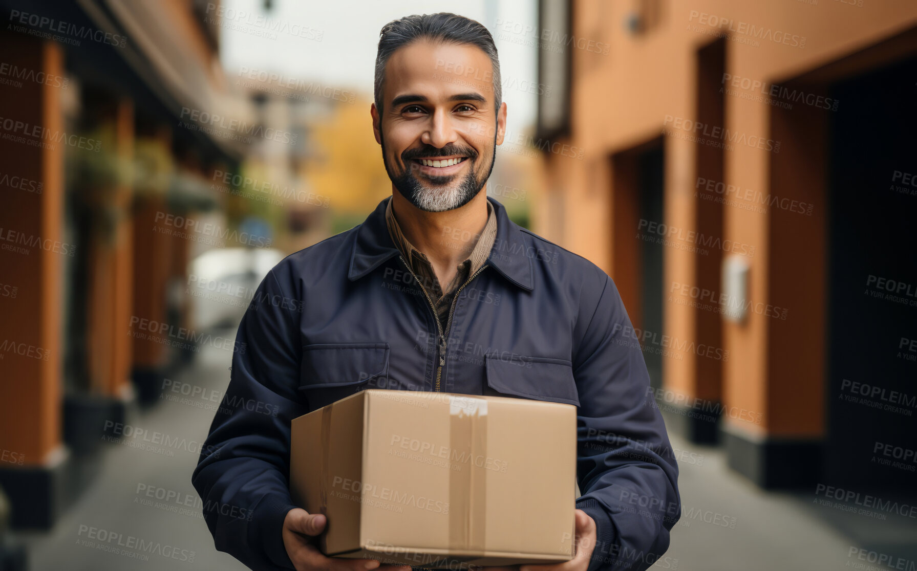 Buy stock photo Happy uniformed delivery man in city street holding Box.