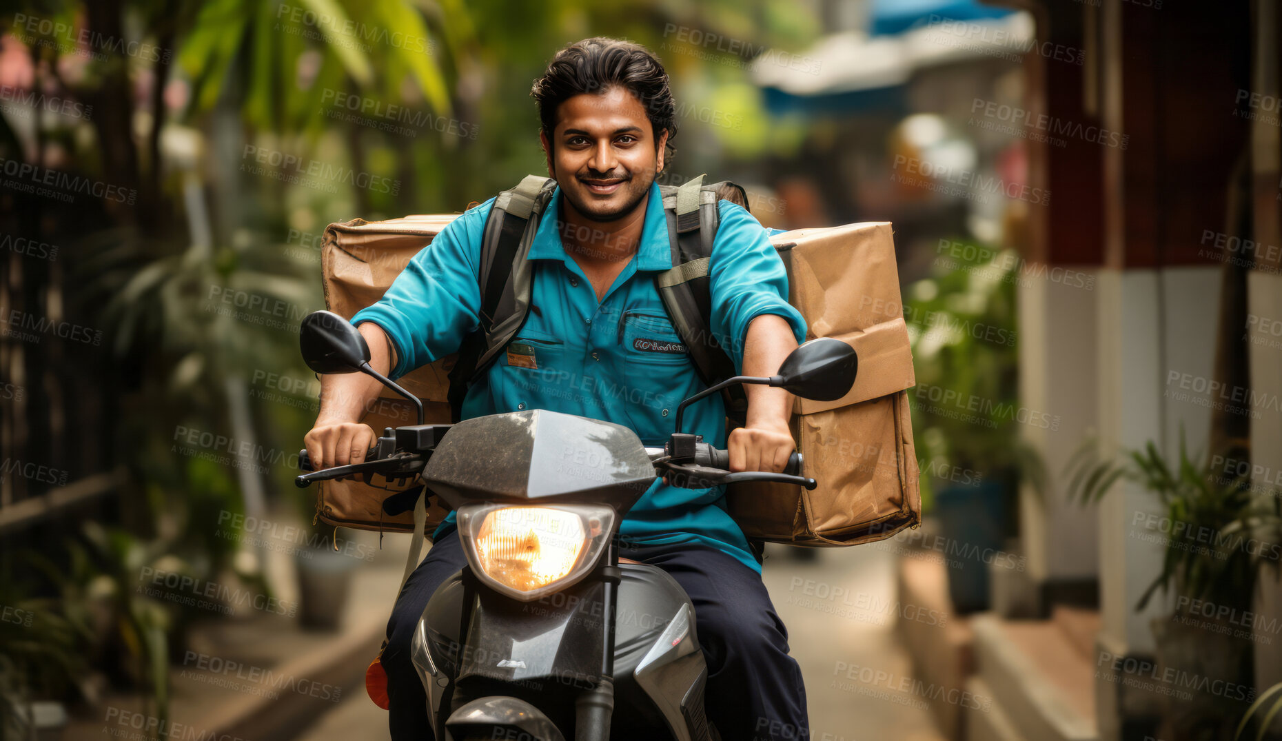 Buy stock photo Delivery man on riding motorcycle. Lots of packages on back of vehicle.