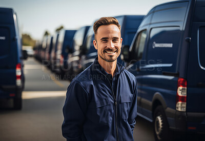 Portrait of happy uniformed delivery man with fleet of vehicles.