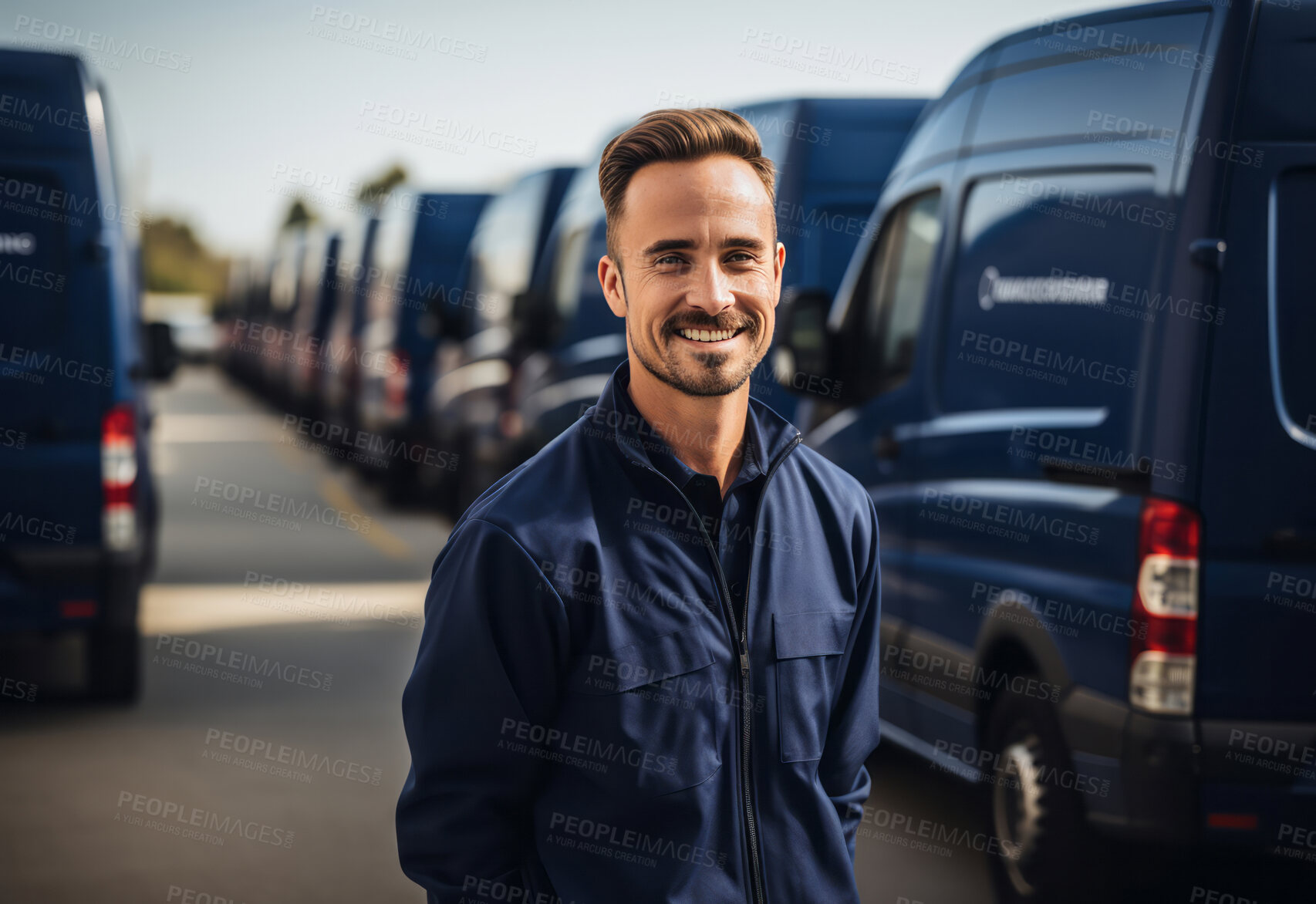 Buy stock photo Portrait of happy uniformed delivery man with fleet of vehicles.