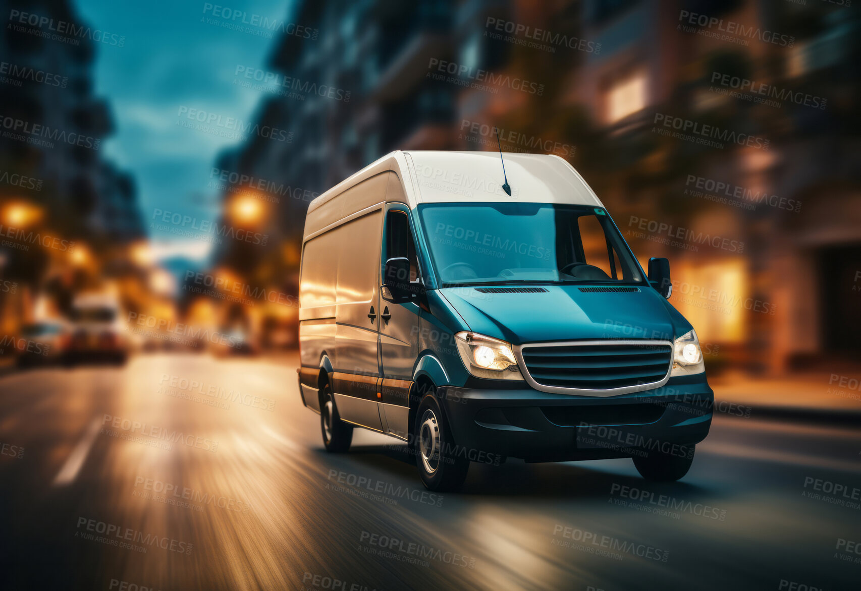 Buy stock photo Delivery vehicle riding down city street at night. Delivery concept.