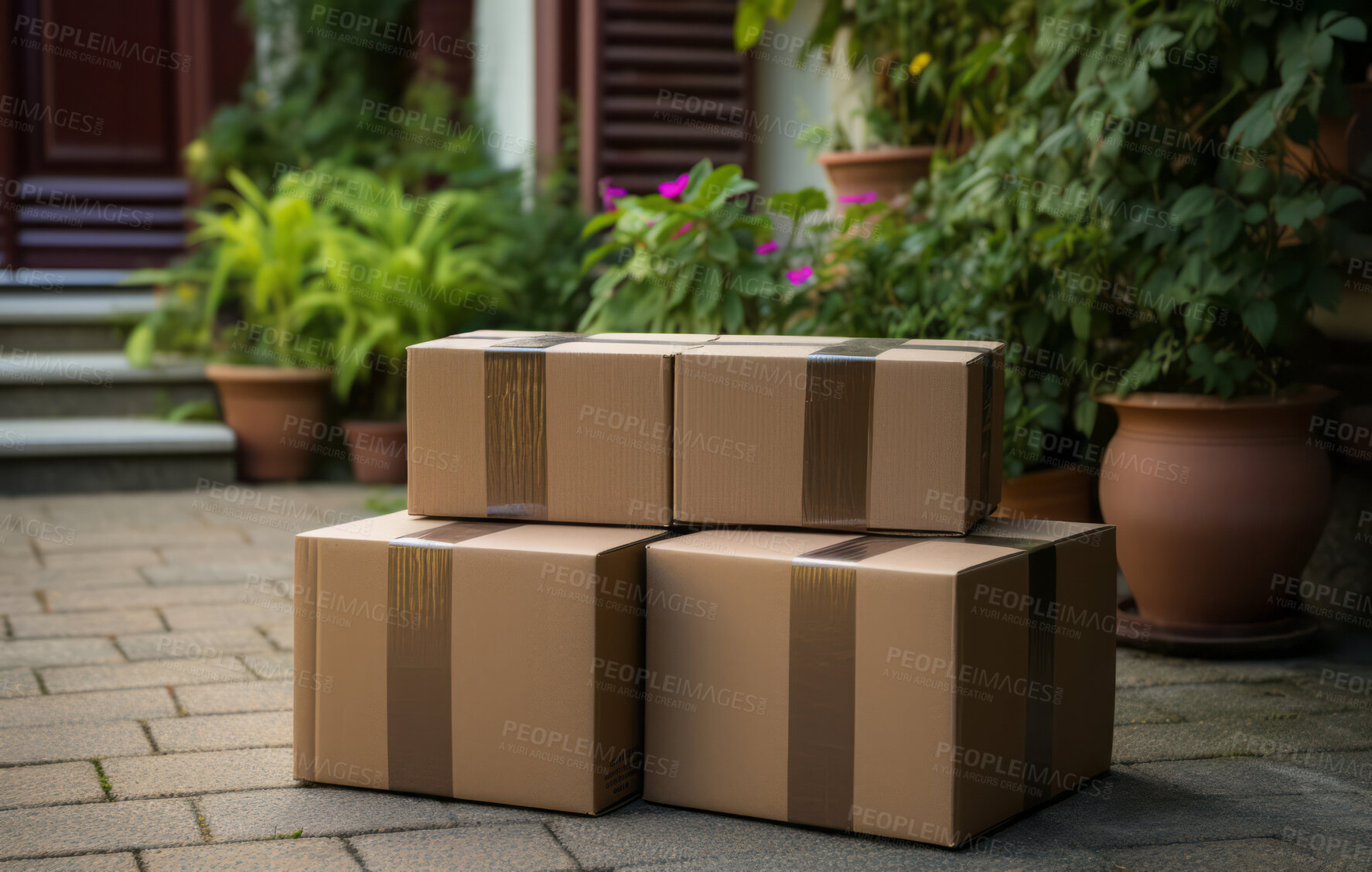 Buy stock photo Delivered parcels on doorstep. Delivery concept.