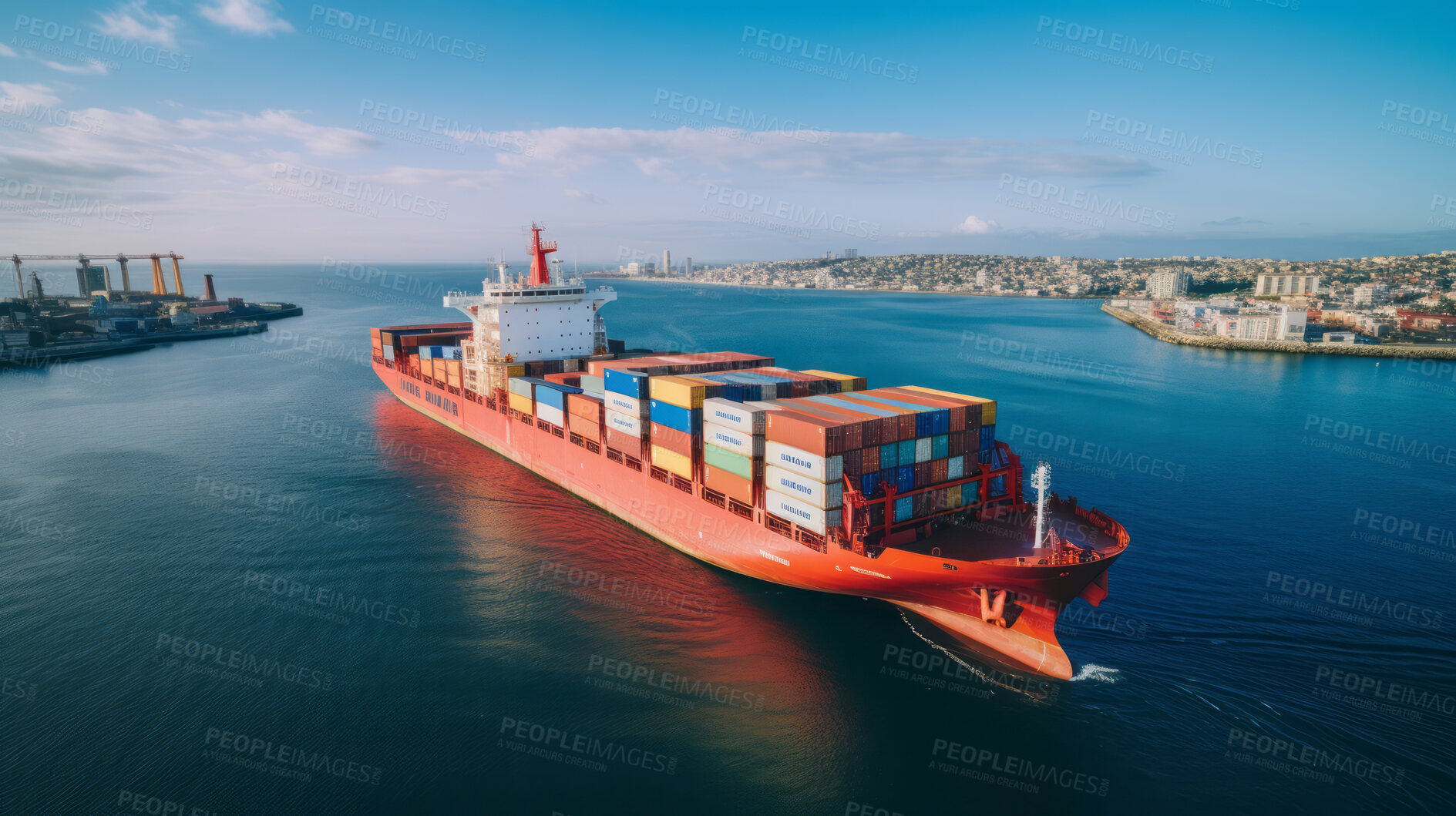 Buy stock photo Aerial view of large container ship, fully loaded traveling over waters.