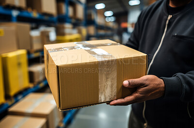 Close-up of worker holding boxes or packages in warehouse.