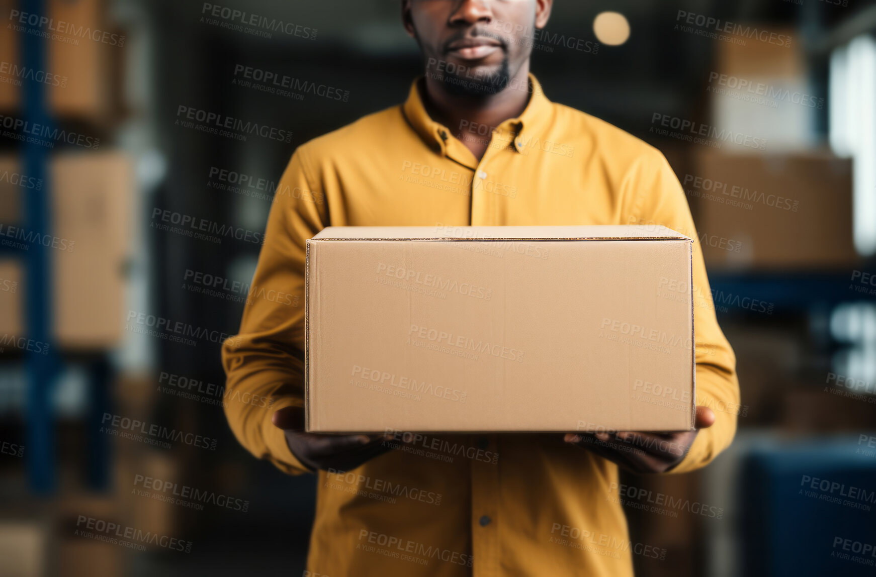 Buy stock photo Worker holding boxes or packages in warehouse.