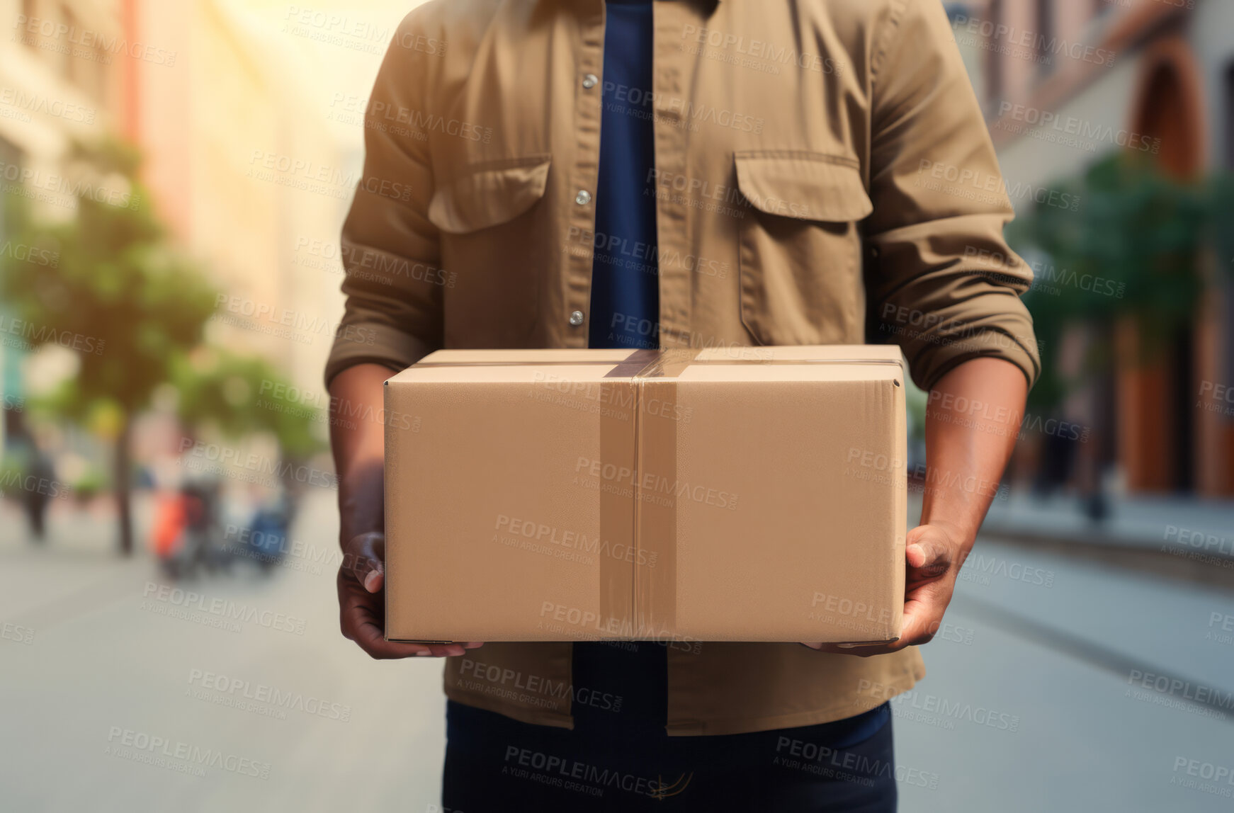 Buy stock photo Delivery man holding boxes or packages in street.