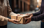 Delivery man hands package to customer. Delivery concept.