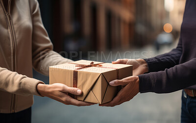Delivery man hands package to customer. Delivery concept.
