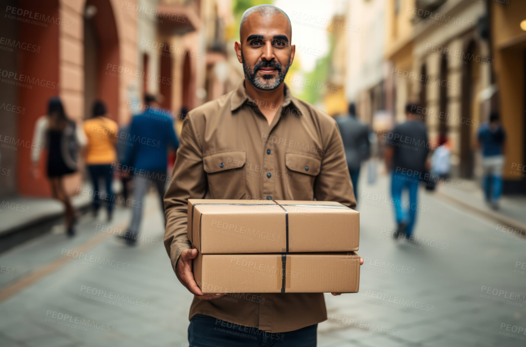 Buy stock photo Delivery man holding boxes or packages in street.