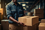 Worker moving boxes or packages in warehouse.