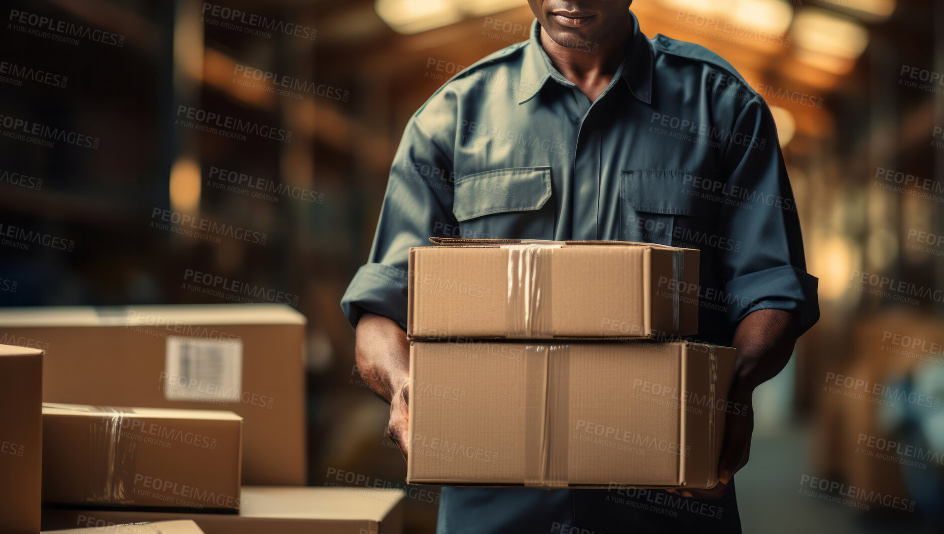 Buy stock photo Worker moving boxes or packages in warehouse.