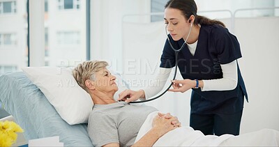Nurse, checkup and heart with senior woman in hospital for support with healthcare for results. Medical, expert and elderly female in bed for treatment with medicine at clinic for diagnosis or help.