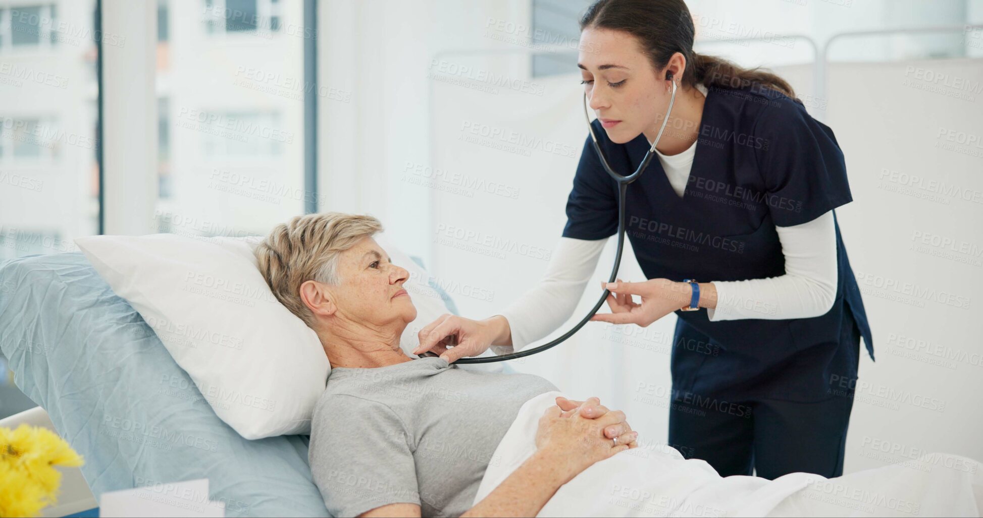 Buy stock photo Nurse, checkup and heart with senior woman in hospital for support with healthcare for results. Medical, expert and elderly female in bed for treatment with medicine at clinic for diagnosis or help.