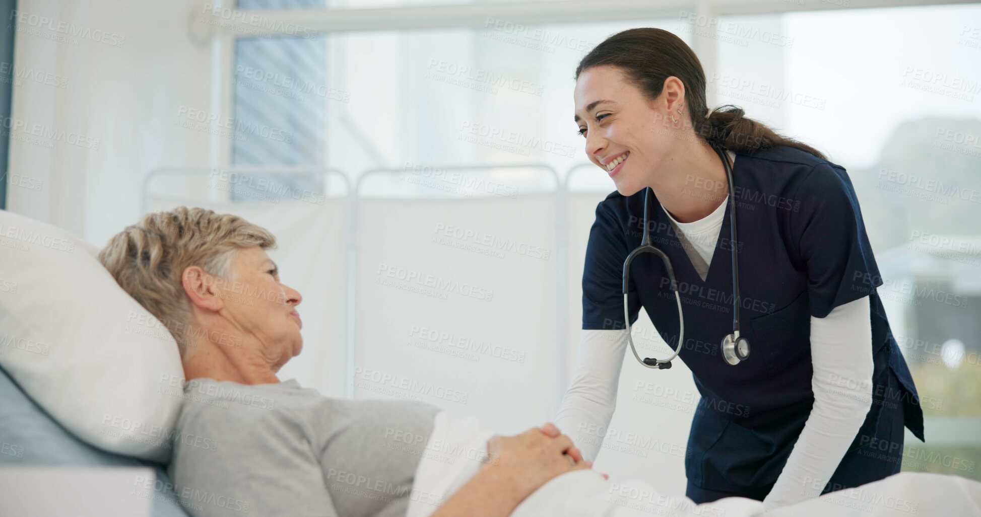 Buy stock photo Doctor, conversation and senior woman in hospital bed for healthcare with support for retirement. Female medical, expert and care with elderly female for medical treatment at clinic for advice.