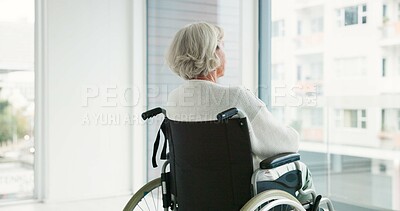 Thinking, woman in wheelchair and window in nursing home or person with disability in the hospital with depression or mental health. Depressed, sad and elderly person with alzheimer or dementia