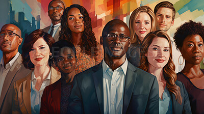 Buy stock photo Portrait Illustration of a group of business people smiling. Teamwork and colleagues