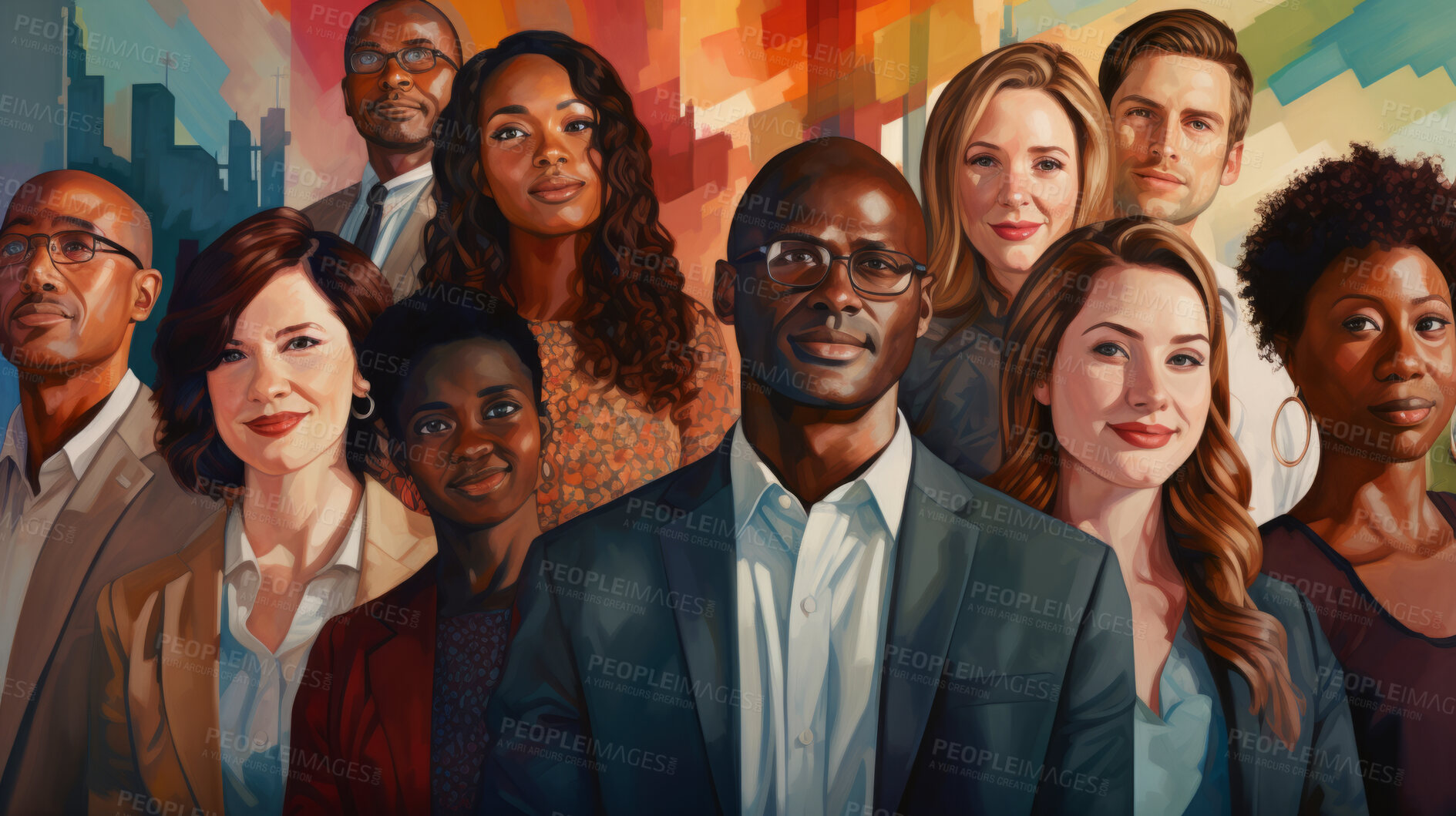 Buy stock photo Portrait Illustration of a group of business people smiling. Teamwork and colleagues