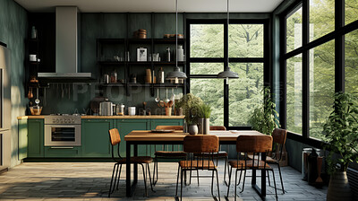 Luxury kitchen interior design mockup. High windows and kitchen furniture render