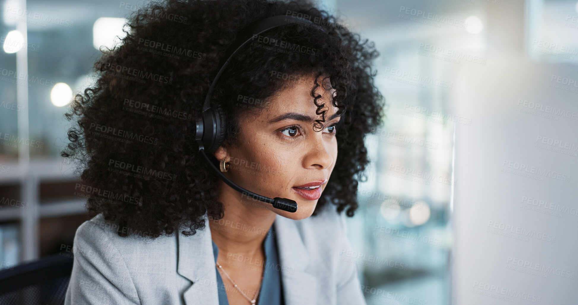 Buy stock photo Computer, call center and funny woman in customer service, tech support and talk to contact at help desk. Communication, telemarketing and African sales agent laughing, consulting and crm advisory