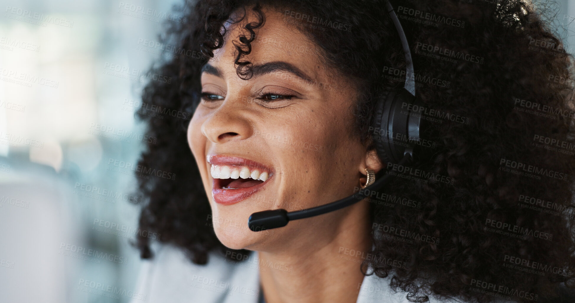 Buy stock photo Computer, call center and funny woman in customer service, tech support and talk to contact at help desk. Communication, telemarketing and African sales agent laughing, consulting and crm advisory