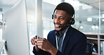 Computer, call center and happy black man talking, crm and technical support at help desk. Communication, customer service and sales agent consulting, telemarketing advisory and speaking to contact