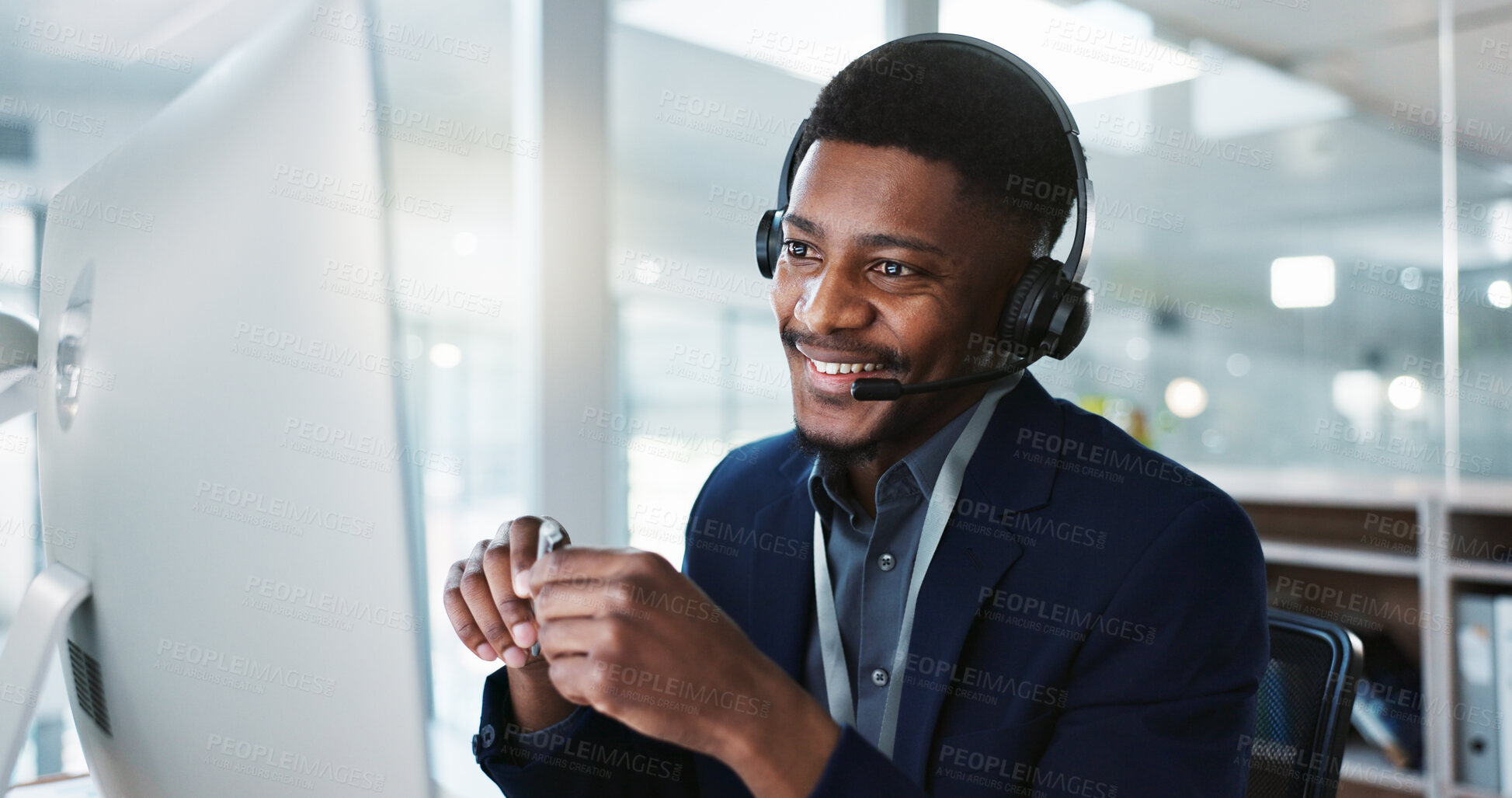 Buy stock photo Computer, call center and happy black man talking, crm and technical support at help desk. Communication, customer service and sales agent consulting, telemarketing advisory and speaking to contact