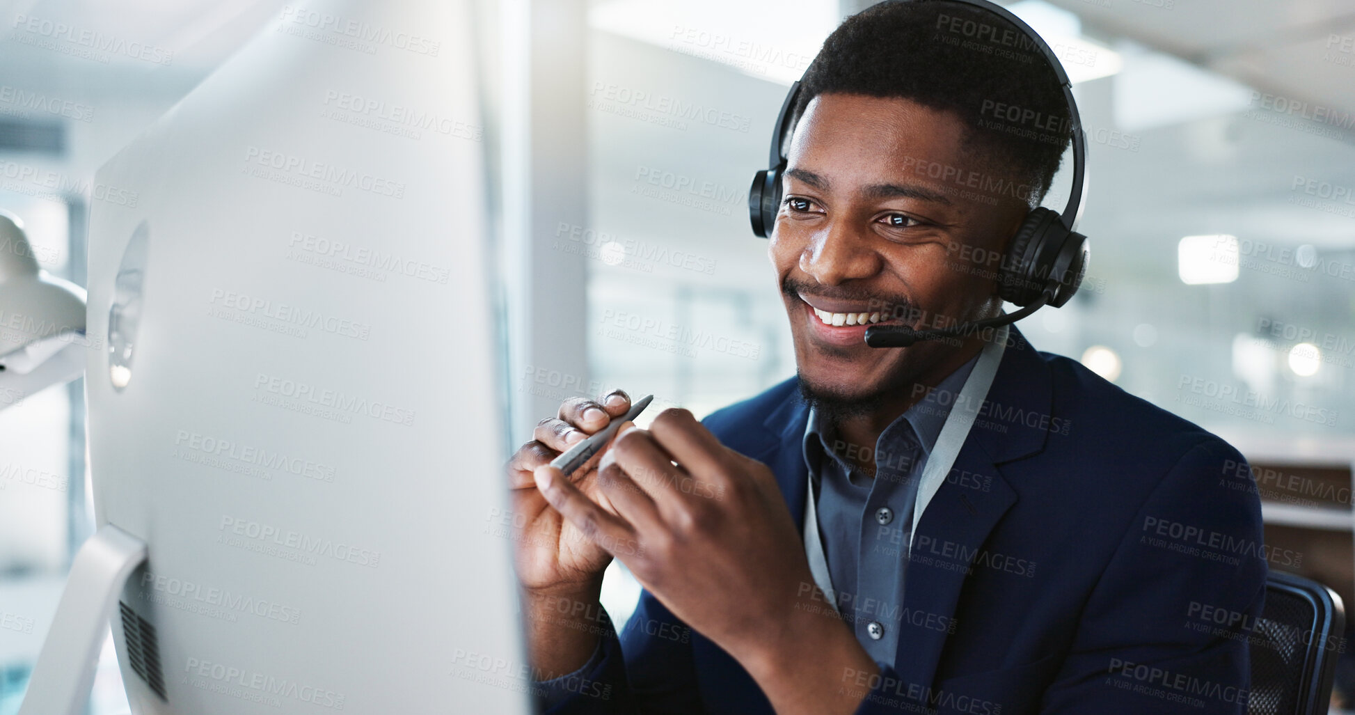 Buy stock photo Computer, call center and black man talking, telemarketing and technical support at help desk. Communication, customer service and happy sales agent consulting, crm advisory and speaking to contact